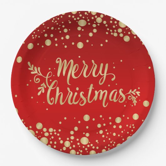 Golden confetti over de rode kerst papieren bordje (Voorkant)