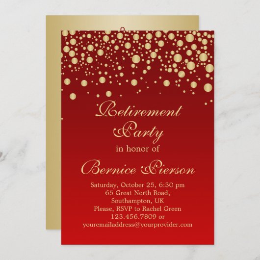 Golden confetti over de uitnodiging van de rode Pr (Voorkant / Achterkant)