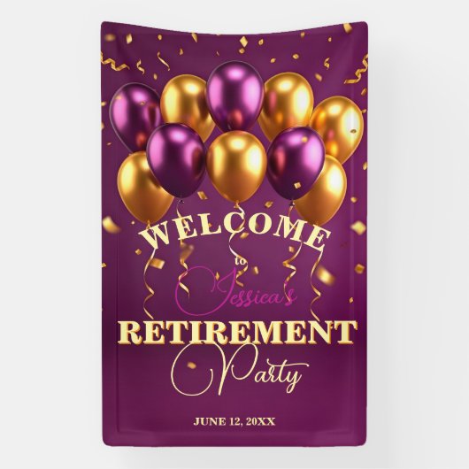 Golden Confetti & Paarse Ballonnen Retirement Part Spandoek (Verticaal)