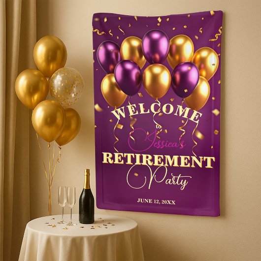 Golden Confetti & Paarse Ballonnen Retirement Part Spandoek