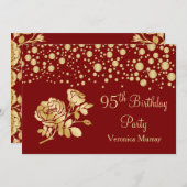 Golden confetti, roos op rode 95e verjaardag kaart (Voorkant / Achterkant)
