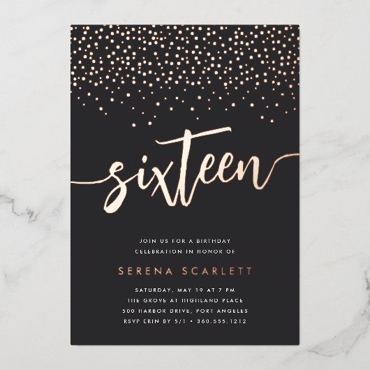 Golden Confetti Sweet Sixteen Birthday Party Folie Uitnodiging (Voorkant)