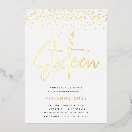 Golden Confetti Sweet Sixteen Birthday Party Folie Uitnodiging (Voorkant)