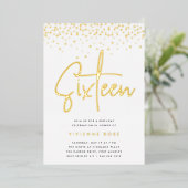 Golden Confetti Sweet Sixteen Birthday Party Folie Uitnodiging (Staand Voorkant)