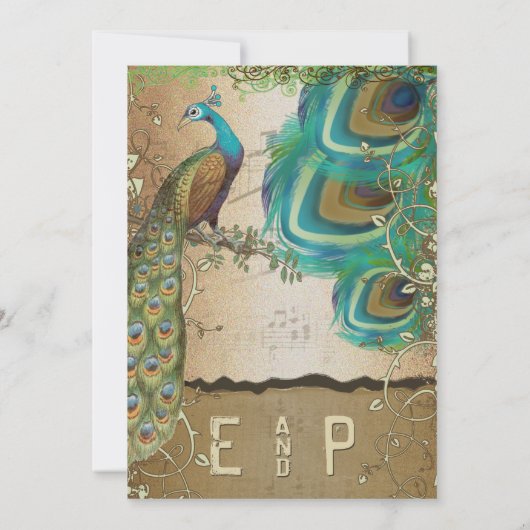 Golden Copper Champagne Gold Peacock Feathers Kaart (Achterkant)