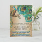 Golden Copper Champagne Gold Peacock Feathers Kaart (Staand voorkant)