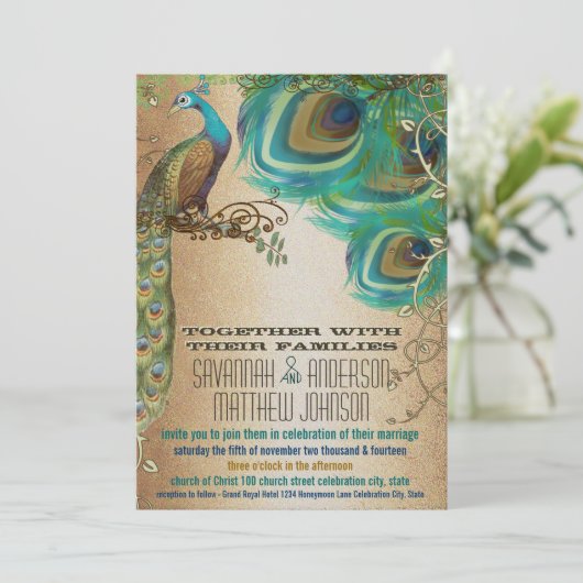 Golden Copper Champagne Gold Peacock Feathers Kaart (Staand voorkant)