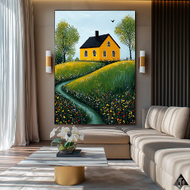 Golden Cottage Retreat - Naïf Cosy Countryside Art Poster