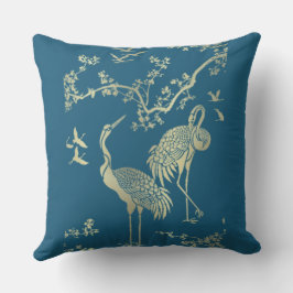 Golden cranes Art, Blauwe achtergrond Buitenkussen