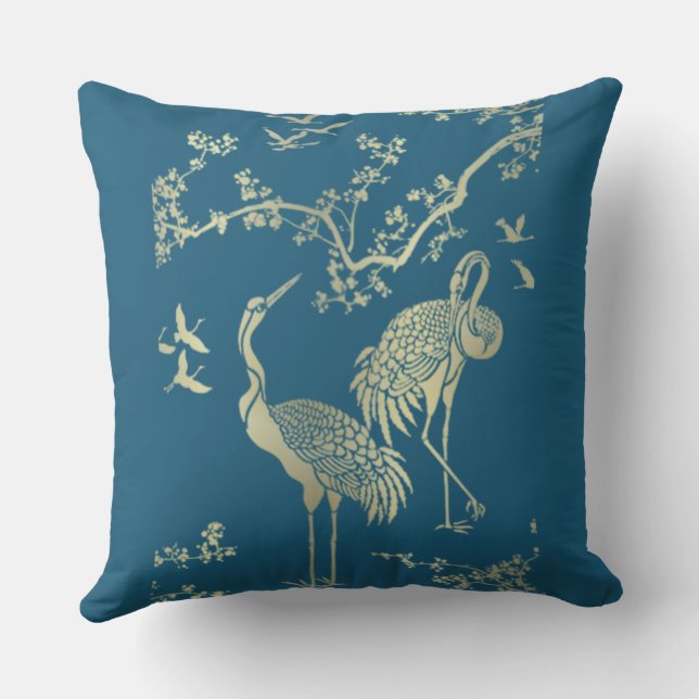 Golden cranes Art, Blauwe achtergrond Buitenkussen (Achterkant)