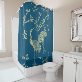Golden cranes Art, Blauwe achtergrond Douchegordijn