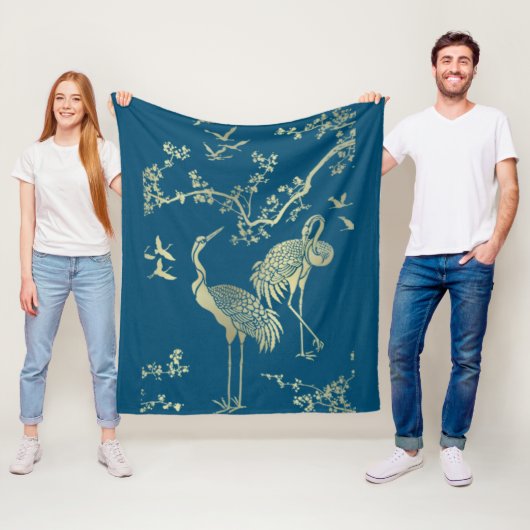 Golden cranes Art, Blauwe achtergrond Fleece Deken (In situ)