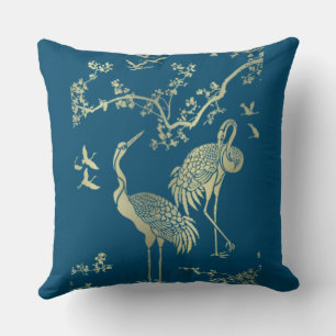 Golden cranes Art, Blauwe achtergrond Kussen