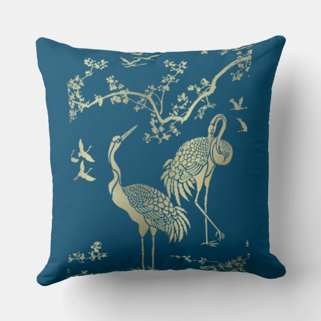 Golden cranes Art, Blauwe achtergrond Kussen (Achterkant)