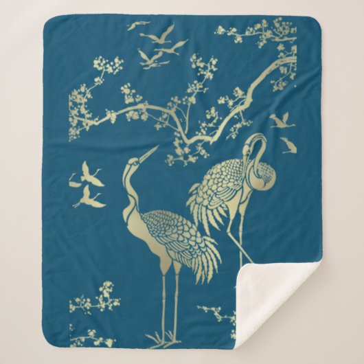 Golden cranes Art, Blauwe achtergrond Sherpa Deken (Voorkant)