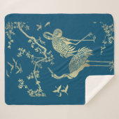 Golden cranes Art, Blauwe achtergrond Sherpa Deken (Voorkant (horizontaal))