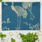 Golden cranes Art, Blauwe achtergrond Theedoek (Gevouwen)