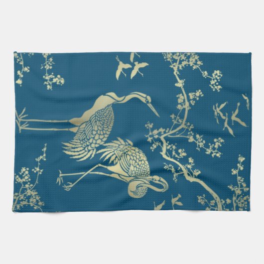 Golden cranes Art, Blauwe achtergrond Theedoek (Horizontaal)