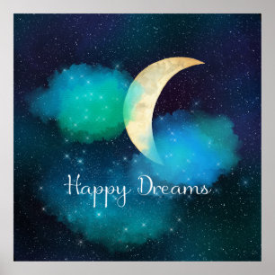 Golden Crescent Moon Starry Sky Happy Dreams Poster