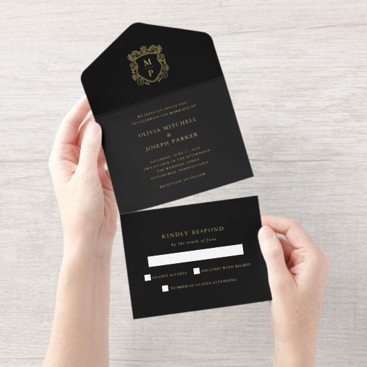 Golden Crest | Black Elegant Wedding Gold Foil All In One Uitnodiging (Uittrekbaar)
