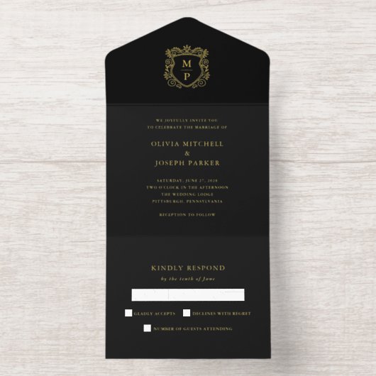 Golden Crest | Black Elegant Wedding Gold Foil All In One Uitnodiging (Binnenkant)