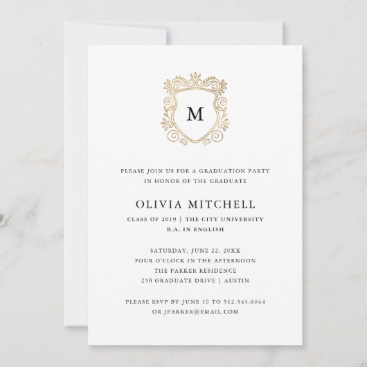 Golden Crest | Elegant Graduation Party Kaart (Voorkant)
