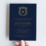 Golden Crest | Elegant Navy Graduation Party Folie Uitnodiging<br><div class="desc">Deze eenvoudige en elegante uitnodigingen van de graduatiepartij zijn voorzien van een gouden folie crest met je monogram in het midden,  en moderne gouden folie tekst op een donkere,  marinesblauwe achtergrond. Een klassiek en modern afstudeerder.</div>