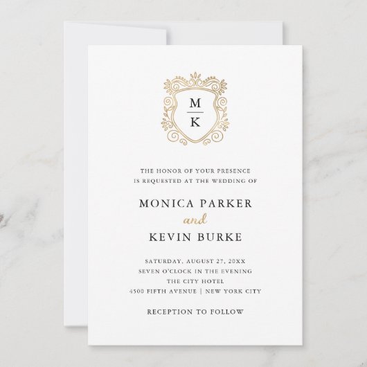 Golden Crest | Elegante zwart-witte bruiloft Kaart (Voorkant)