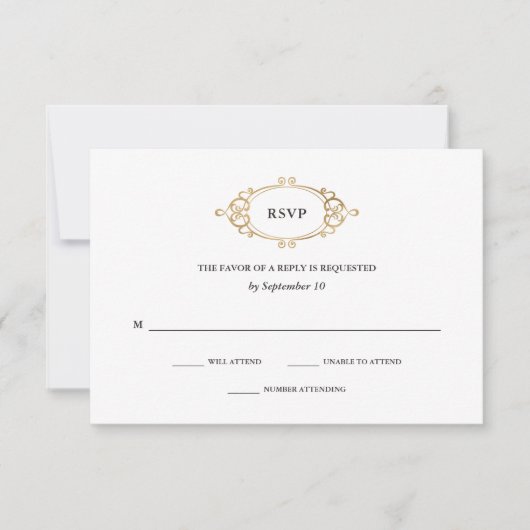 Golden Crest | Elegante zwart-witte bruiloft RSVP Kaartje (Voorkant)