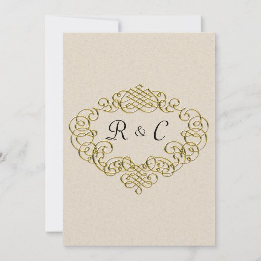 Golden Crest Monogrammed Elegantie: Beige Bruiloft Kaart (Achterkant)