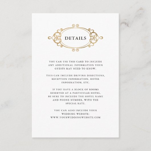Golden Crest | Zwart-wit bruiloft Details Informatiekaartje (Voorkant)