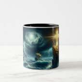 Golden Cross Leiding van een schip op een stormach Tweekleurige Koffiemok (Center)