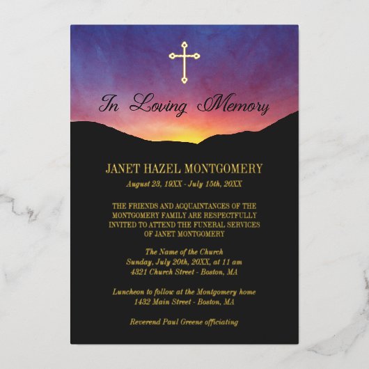 Golden Cross & Sunrise - Funeral Service Folie Uitnodiging (Voorkant)