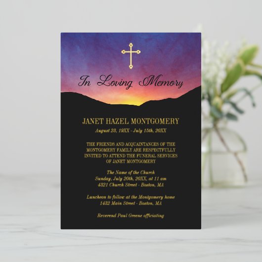 Golden Cross & Sunrise - Funeral Service Folie Uitnodiging (Staand Voorkant)
