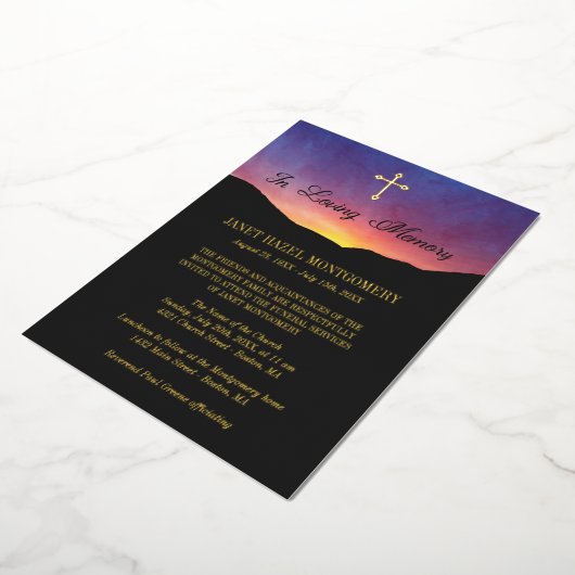 Golden Cross & Sunrise - Funeral Service Folie Uitnodiging (Gedraaid)