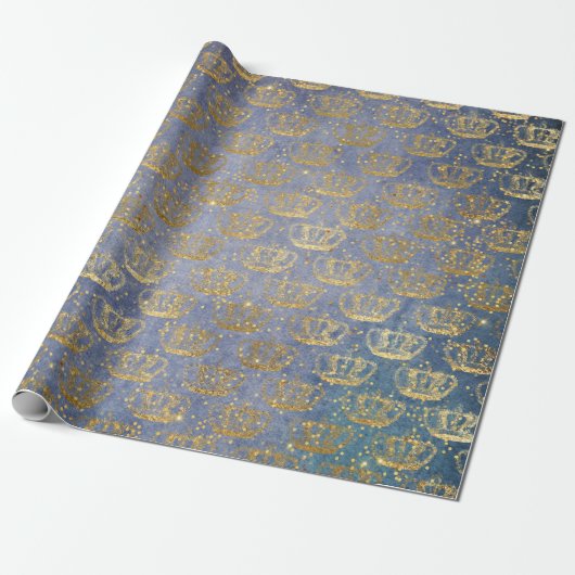 Golden Crown Confetti Royal Gray Blue Velvet Cadeaupapier (Uitgerold)
