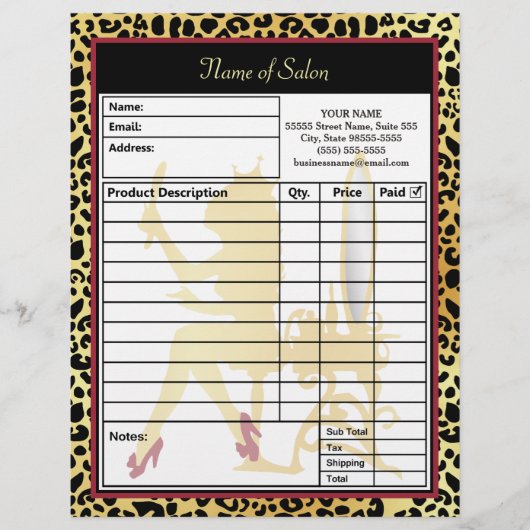 Golden Crown Leopard Print Hair Salon Order Form Persoonlijk Briefhoofd (Voorkant)