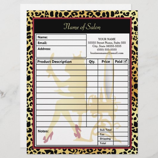 Golden Crown Leopard Print Hair Salon Order Form Persoonlijk Briefhoofd (Voorkant / Achterkant)