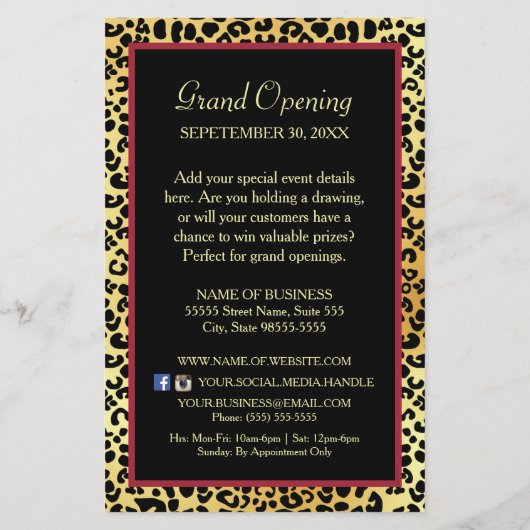 Golden Crown Leopard Red Bow Salon Grand Opening Flyer (Achterkant)