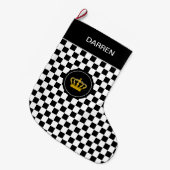 Golden Crown on Black White Chess Pattern Grote Kerstsok (Voorkant (Hangend))