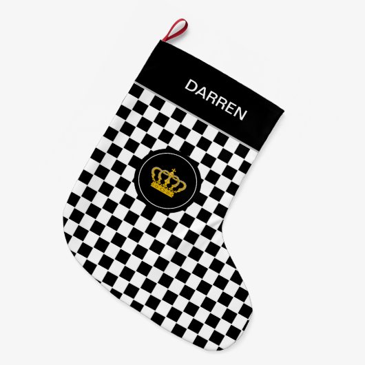 Golden Crown on Black White Chess Pattern Grote Kerstsok (Voorkant (Hangend))