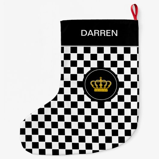 Golden Crown on Black White Chess Pattern Grote Kerstsok (Achterkant)