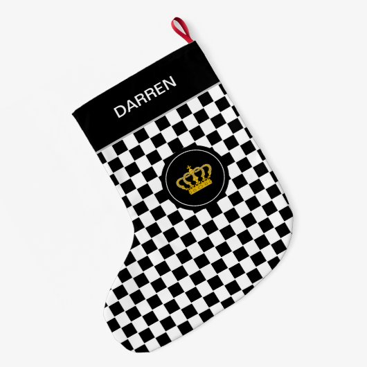 Golden Crown on Black White Chess Pattern Grote Kerstsok (Achterkant (Hangend))
