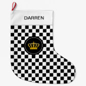 Golden Crown op Black White Checkerboard Pattern Grote Kerstsok (Voorkant)