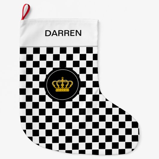 Golden Crown op Black White Checkerboard Pattern Grote Kerstsok (Voorkant)