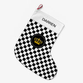 Golden Crown op Black White Checkerboard Pattern Grote Kerstsok (Voorkant (Hangend))