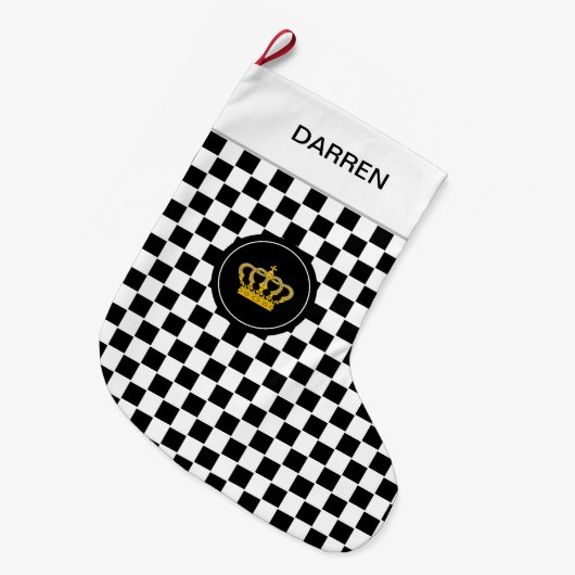Golden Crown op Black White Checkerboard Pattern Grote Kerstsok (Voorkant (Hangend))