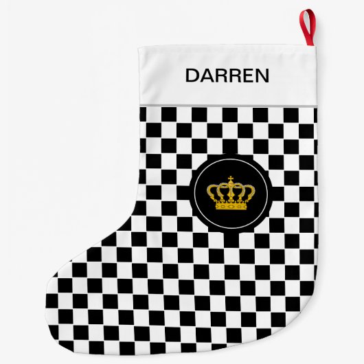 Golden Crown op Black White Checkerboard Pattern Grote Kerstsok (Achterkant)