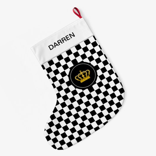 Golden Crown op Black White Checkerboard Pattern Grote Kerstsok (Achterkant (Hangend))