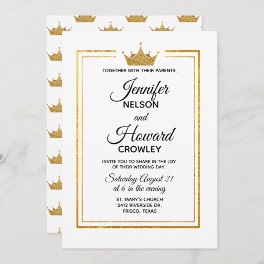 Golden Crown Wedding Invitation Kaart (Voorkant / Achterkant)